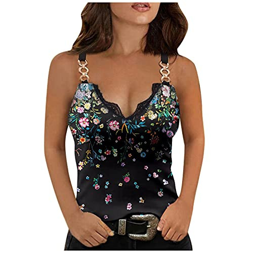 Women's Low Cut Sexy Lace Patchwork Ring Hole Tank Tops Colorfully Butterfly Print Cami Summer Sleeveless V-neck Vest