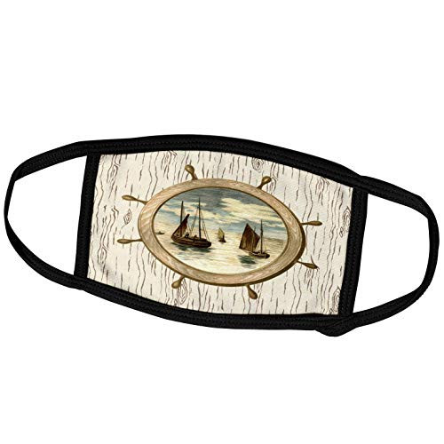 3dRose Florene Nautical Decor - Image of Ships Wheel with Sailboats On Aged Wood - Face Masks -fm-237079-3-