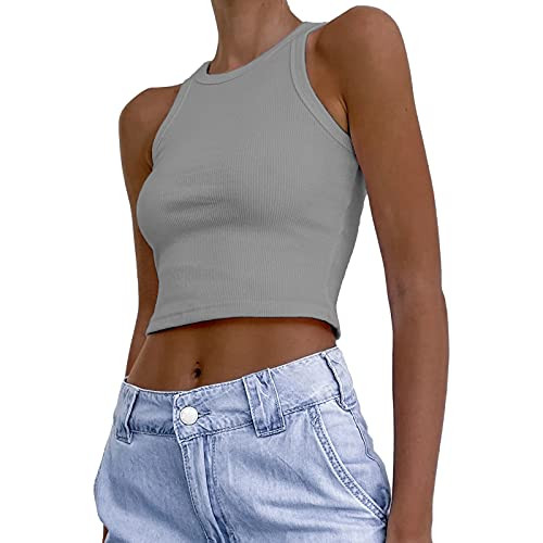 Rib-Knit Tank Crop Top for Women Basic Round Neck Racerback Camisole Solid Sleeveless Y2k Crop Tops Rib-Knit Tank Crop Top for Women Basic Round Neck Racerback Camisole Solid Sleeveless Y2k Crop Tops