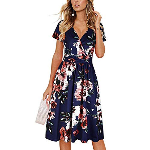 Boomboom Women Short Sleeve Wrap Dress Summer Floral Print V Neck Flowy Casual Mini Sundress New Knee-Length Dress