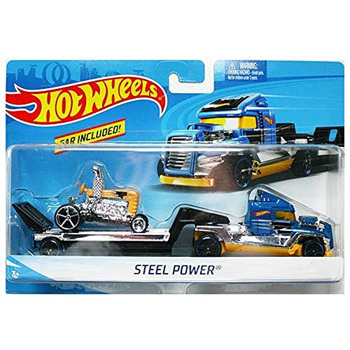 Hot Wheels Hauling Rig with Car Set ~ Steel Power ~ CGC18 ~ Blue Truck , Yellow Tractor