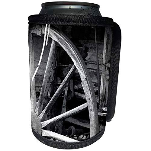 3dRose Jos Fauxtographee- Black and White Old Wheel - A black and white watercolor of a wooden wheel - Can Cooler Bottle Wrap -cc-280067-1-
