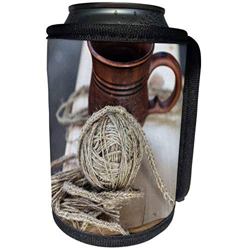 3dRose Alexis Photography - Objects - Ball of string and a ceramic jar on a wooden bench. Vintage items - Can Cooler Bottle Wrap -cc-286650-1-