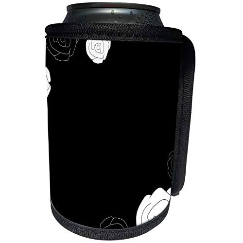 3dRose Janna Salak Designs Prints and Patterns - Black with White Roses - Can Cooler Bottle Wrap -cc-110710-1-