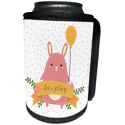 3dRose Uta Naumann Sayings and Typography - Cute Funny Baby Woodland Bunny Typography On Polkadots - Lets Play - Can Cooler Bottle Wrap -cc-275570-1-