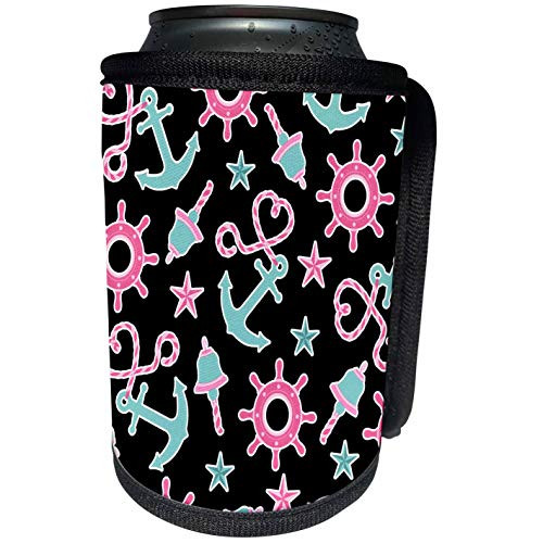 3dRose Janna Salak Designs Nautical - Cute Nautical Print Anchor Rope Wheel and Bell - Black Pink and Aqua - Can Cooler Bottle Wrap -cc-165810-1-