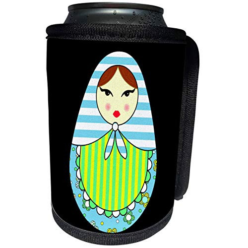 3dRose Janna Salak Designs Dolls - Cute Russian Matryoshka Nesting Doll Brown Hair - Cool Colors Black - Can Cooler Bottle Wrap -cc-58626-1-