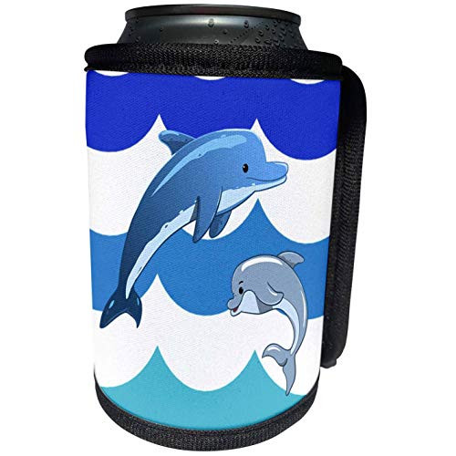 3dRose lens Art by Florene - Kids Summer Art - Image of Cartoon Of Mama And Baby Dolphin On Big Waves - Can Cooler Bottle Wrap -cc-312645-1-