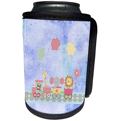 3dRose Beverly Turner Baby Stuff Design - Train on Track, Bear, Giraffe, Elephant, Lion, Clouds, Pastels - Can Cooler Bottle Wrap -cc-325280-1-