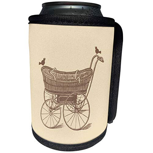 3dRose Russ Billington Nursery Designs - Vintage Baby Carriage with Birds in Beige and Brown - Can Cooler Bottle Wrap -cc-219369-1-