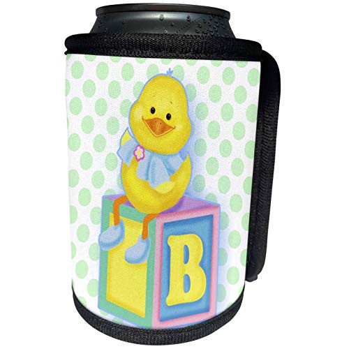3dRose Russ Billington Nursery Designs - Yellow Baby Duck on Block with Letter B - Can Cooler Bottle Wrap -cc-237124-1-
