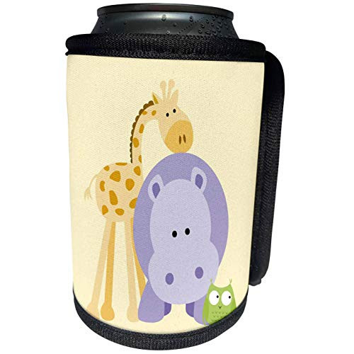 3dRose RinaPiro - Kids - Giraffe, Hippo and Owl yellow. Kids room decoration - Can Cooler Bottle Wrap -cc-212040-1-