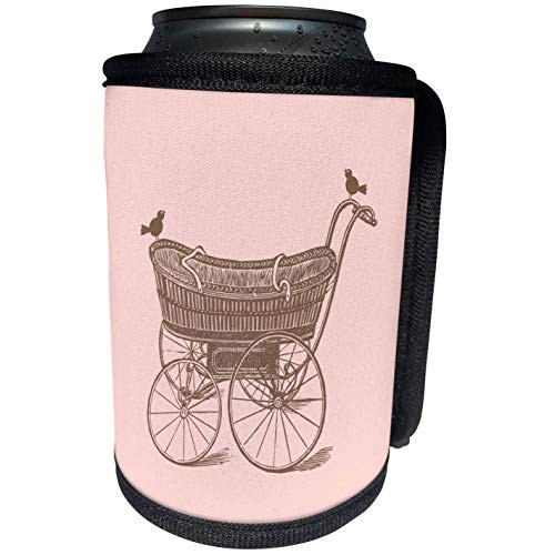 3dRose Russ Billington Nursery Designs - Vintage Baby Carriage with Birds in Pink and Brown - Can Cooler Bottle Wrap -cc-219371-1-