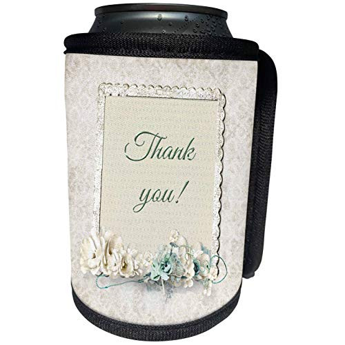 3dRose Beverly Turner Thank you Design - Pastel Beige and Aqua Green Flowers, Thank you Framed - Can Cooler Bottle Wrap -cc-244088-1-