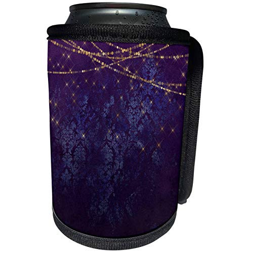 3dRose Anne Marie Baugh - Design - Pretty Grunge Purple and Blue Damask With Sparkle String Lights - Can Cooler Bottle Wrap -cc-283069-1-
