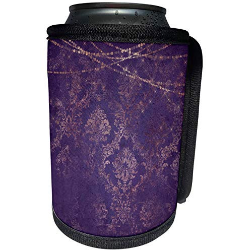 3dRose Anne Marie Baugh - Design - Pretty Faux Pink Foil Damask Over Purple With String Lights - Can Cooler Bottle Wrap -cc-283076-1-