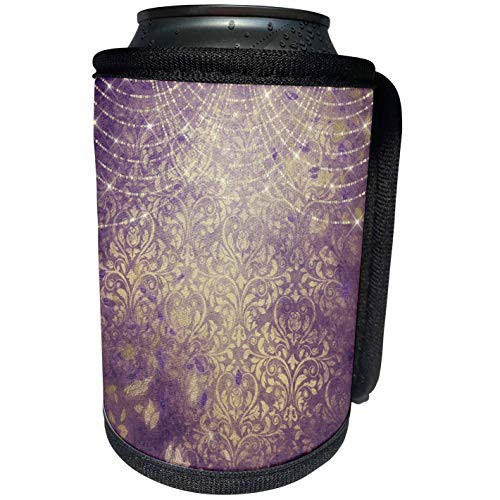 3dRose Anne Marie Baugh - Design - Pretty White Rose Damask On Soft Purple With String Lights - Can Cooler Bottle Wrap -cc-283079-1-