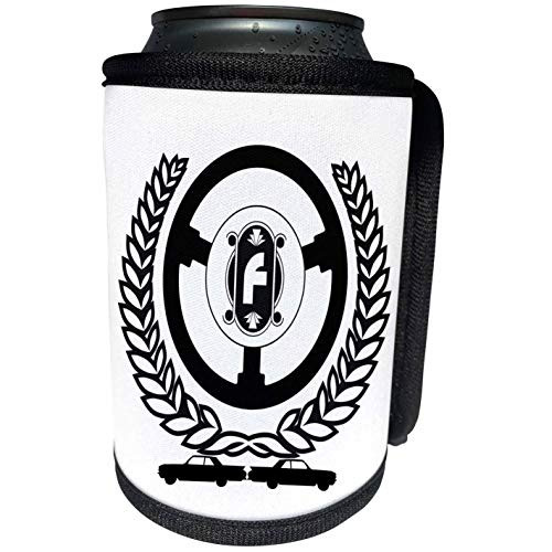 3dRose Alexis Design - Monogram Auto Car - Laurel wreath, steering wheel, two classic cars. Forceful letter F - Can Cooler Bottle Wrap -cc-297418-1-