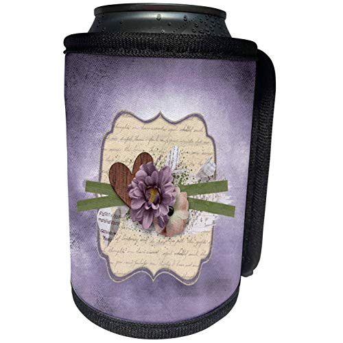 3dRose Beverly Turner Flora Design - Image of Wooden Heart, Ribbon, Purple and Yellow Flowers on Tag - Can Cooler Bottle Wrap -cc-304971-1-