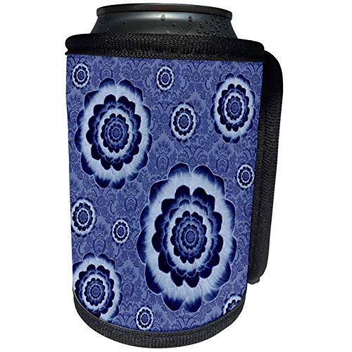 3dRose Jaclinart Fantasy Mandala Flowers Floral Damask Brocade - Baby blue and navy flowers on denim blue damask background - Can Cooler Bottle Wrap -cc-32130-1-