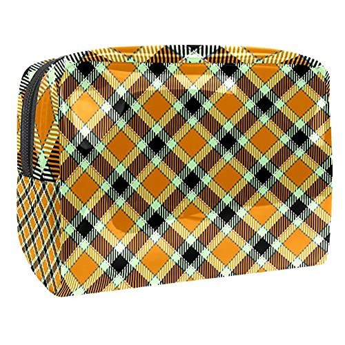 Orange Black Coffee Plaid Pattern Makeup Bag Cosmetic Organizer Multifuncition Travel Waterproof Toiletry Bag with Zipper for Women