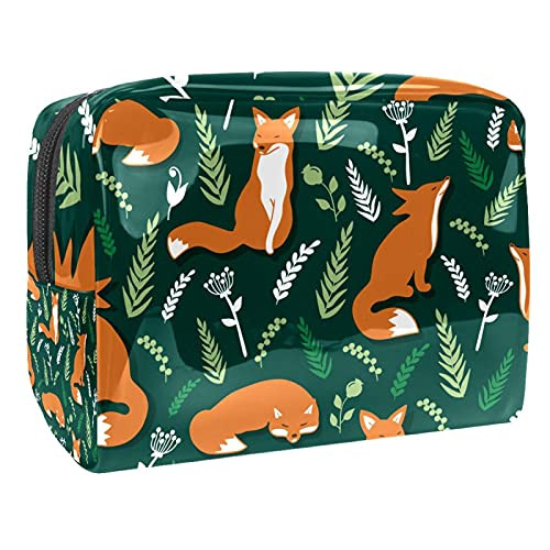 Cute Orange Foxes Wicker Green Makeup Bag Cosmetic Organizer Multifuncition Travel Waterproof Toiletry Bag with Zipper for Women