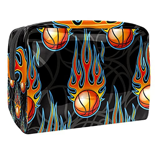 Sports Basketball Power Fire Orange Makeup Bag Cosmetic Organizer Multifuncition Travel Waterproof Toiletry Bag with Zipper for Women