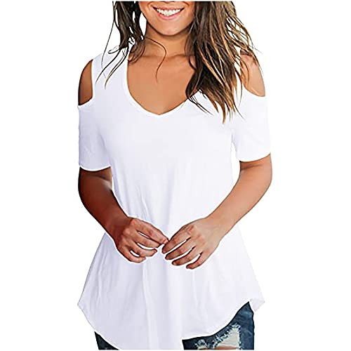 Cold Shoulder Tops for Women Summer V Neck Short Sleeve Summer T Shirts Loose Fit Casual Solid Basic Tunics Tee Tops White