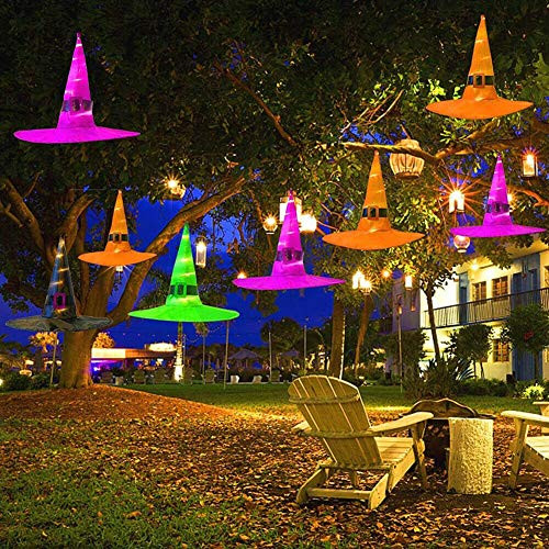 OTentW Halloween Decoration Witch Hat, 5Pcs Halloween Hanging Lighted Glowing Witch Hats String Lights Glowing Witch Hats with LED Light for Outdoor Yard Garden