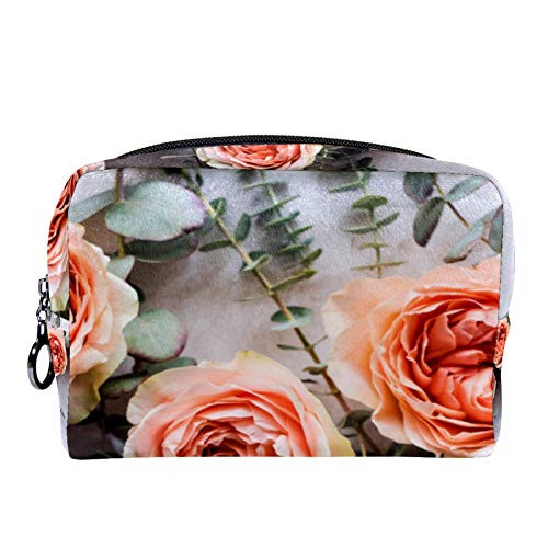 Makeup Bag Portable Travel,Orange Roses White Textured Flower,Cosmetic Bag for Women,Beauty Zipper Makeup Organizer Bag