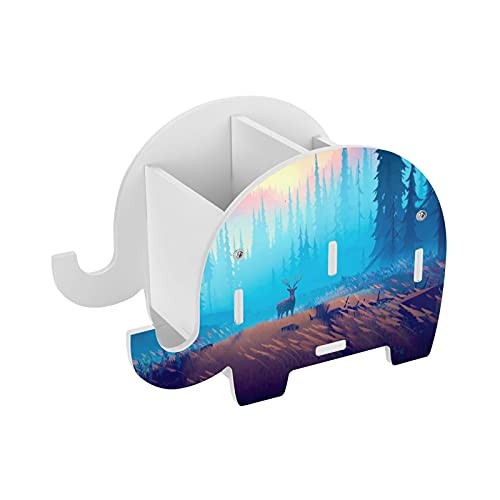 Deer Forest Trees Elephant Pencil Holder Cell Phone Stand Removable Pen Cup Desk Decor Organizer Box