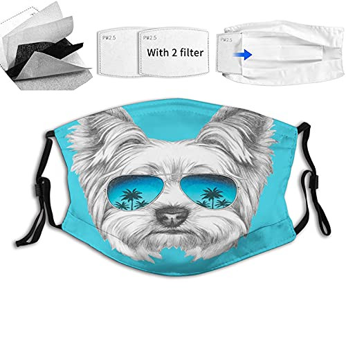 Comfortable Mask,Yorkie Yorkshire Terrier Portrait with Cool Mirror Sunglasses Hand Drawn Animal Art,Printed Facial Decorations For Anyone Adult