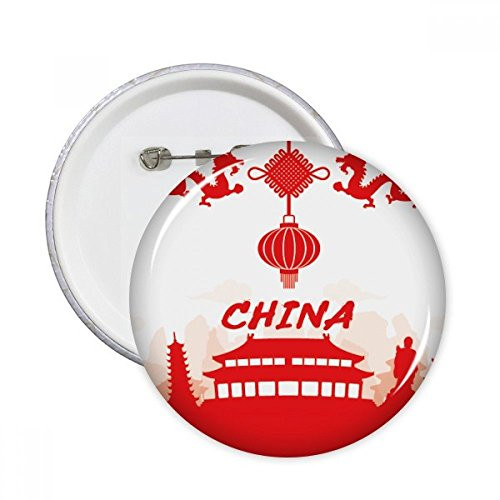 Red Outline China Landmark Round Pins Badge Button Emblem Accessory Decoration 5pcs