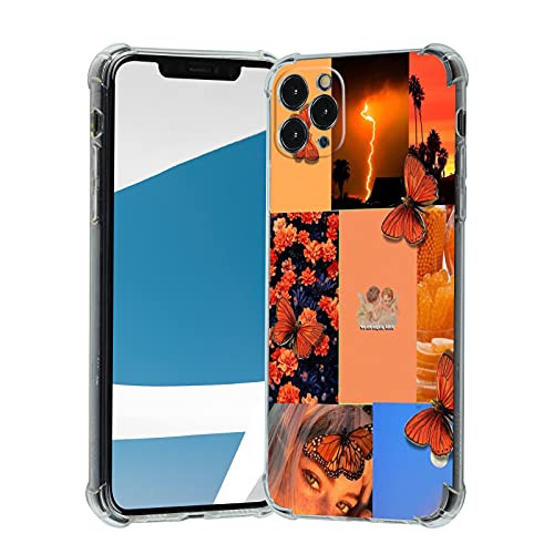 Aesthetic Designed for iPhone 11 Pro Max Case,Clear Case with Design Girls Women,Orange Aesthetic Butterfly Collage Indie iPhone Case for iPhone 11 Pro Max,Soft TPU Cute Trendy Case Cover for Gifts