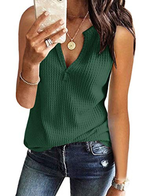 Womens Tank Tops V Neck Waffle Knit Summer Casual Sleeveless Loose Tee Shirts -Medium, Green- Womens Tank Tops V Neck Waffle Knit Summer Casual Sleeveless Loose Tee Shirts -Medium, Green-