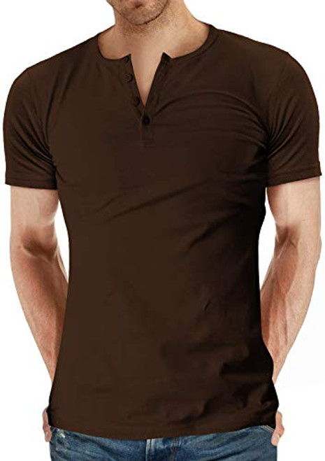 YTD Men's Casual Slim Fit Short Sleeve Henley T-Shirts Cotton Shirts S Coffee
