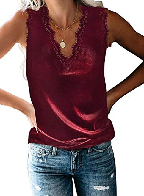 BLENCOT Women Ladies Sexy V Neck Lace Trim Velvet Eyelash Tank Tops Casual Loose Sleeveless Blouse Shirts Work Red XXL