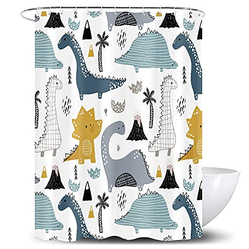D and M Cute Dinosaur Shower Curtain Dino Cartoon Kids Children Trees Tropical Animals Fabric Bath Curtain for Bathroom Bathtub Home Decor Polyester Waterproof 72"x72" with 12 Plastic Shower Hooks