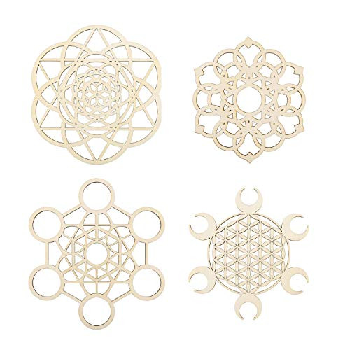 Kitmose 4pcs Sacred Geometry Crystal Grids, Crystal Grid Board Flower of Life Set Wooden Flower Wall Decor Art Yoga Meditation Spiritual Decor Symbol Crystal Hanging Home Decoration