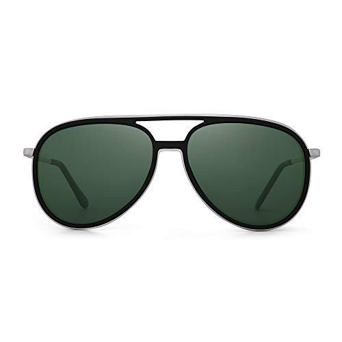 GLINDAR Retro Polarized Aviator Sunglasses Men Women Lightweight Plastic Driving Glasses Black Silver Frame / Green Lens