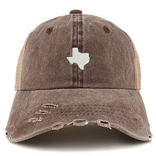 Trendy Apparel Shop Texas State Map Embroidered Frayed Bill Trucker Mesh Back Cap - Brown