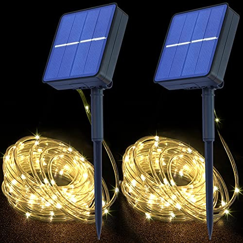 Solar Rope String Lights Solar Powered 33Ft 100 LEDs 8 Modes Color Changing Tube Light Indoor Outdoor Waterproof Strip Fairy Lights for Garden Party Decoration-Warm White,2 Pack-