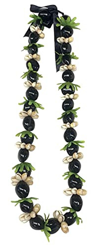 Kukui Nut Necklace Lei - with Shell  and  Faux Green Leaf