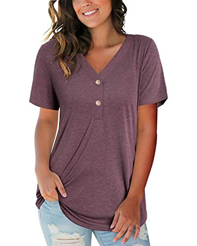 LAISHEN Women's Basic V Neck Button Shorts Sleeve T Shirts Summer Casual Loose Tee Tops-Dark red,M-