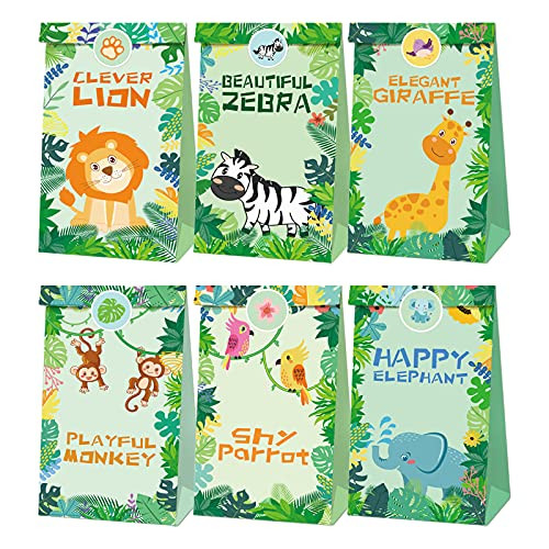 24pcs Safari Party Bags, Jungle Paper Treat Bags, Jungle Animals Gift Goodie Bags, Party Favor Bags with 36pcs Stickers Jungle Safari Zoo Baby Shower Birthday Party Favor Decorations Supplies