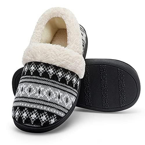 Lovlife Women's Slip-On Knit Slippers Memory Foam Fuzzy House Slippers Comfy Plush Fleece Lined House Shoes Indoor/Outdoor Anti-Skid Rubber Sole Black 36-37