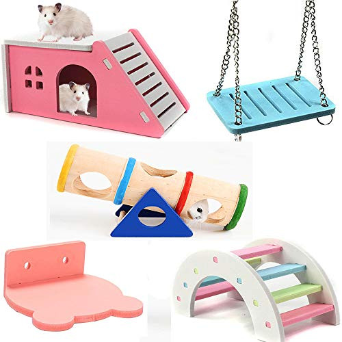 Zhang Ku Dwarf Hamsters House DIY Wooden Gerbil Hideout Rainbow Bridge Swing, Hamster Platform and PVC Seesaw, Pet Sport Exercise Running Wheel Toys Set, Suitable for Small Animal Zhang Ku Dwarf Hamsters House DIY Wooden Gerbil Hideout Rainbow Bridge Swing, Hamster Platform and PVC Seesaw, Pet Sport Exercise Running Wheel Toys Set, Suitable for Small Animal