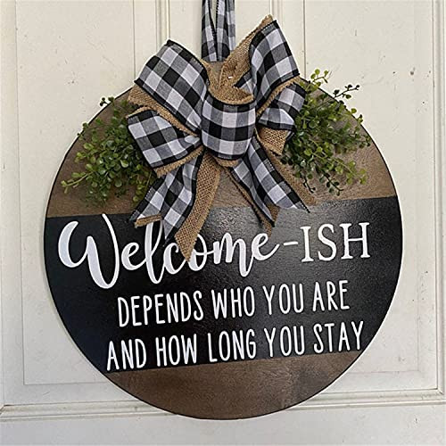 Welcome Wreath Sign for Farmhouse Front Porch Decor, Welcome-Ish Door Hangers Front Door with Greenery-Welcome Home Sign Porch Hanging Housewarming Home Decoration -C-
