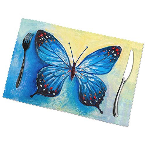 Beautiful Butterfly Placemats for Dining Table Set of 6 Oil Painting Blue Placemats Non-Slip Yellow Place Mats for Dining Room Kitchen Decor Table Mats Washable Placemats -12x18 Inches-