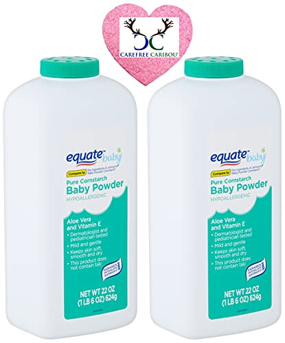 Pure Cornstarch Baby Powder Bundle. Includes Two 22oz Canisters of Equate Hypoallergenic Pure Cornstarch Baby Powder with Aloe Vera and Vitamin E Plus a Carefree Caribou Pink Compressed Facial Sponge